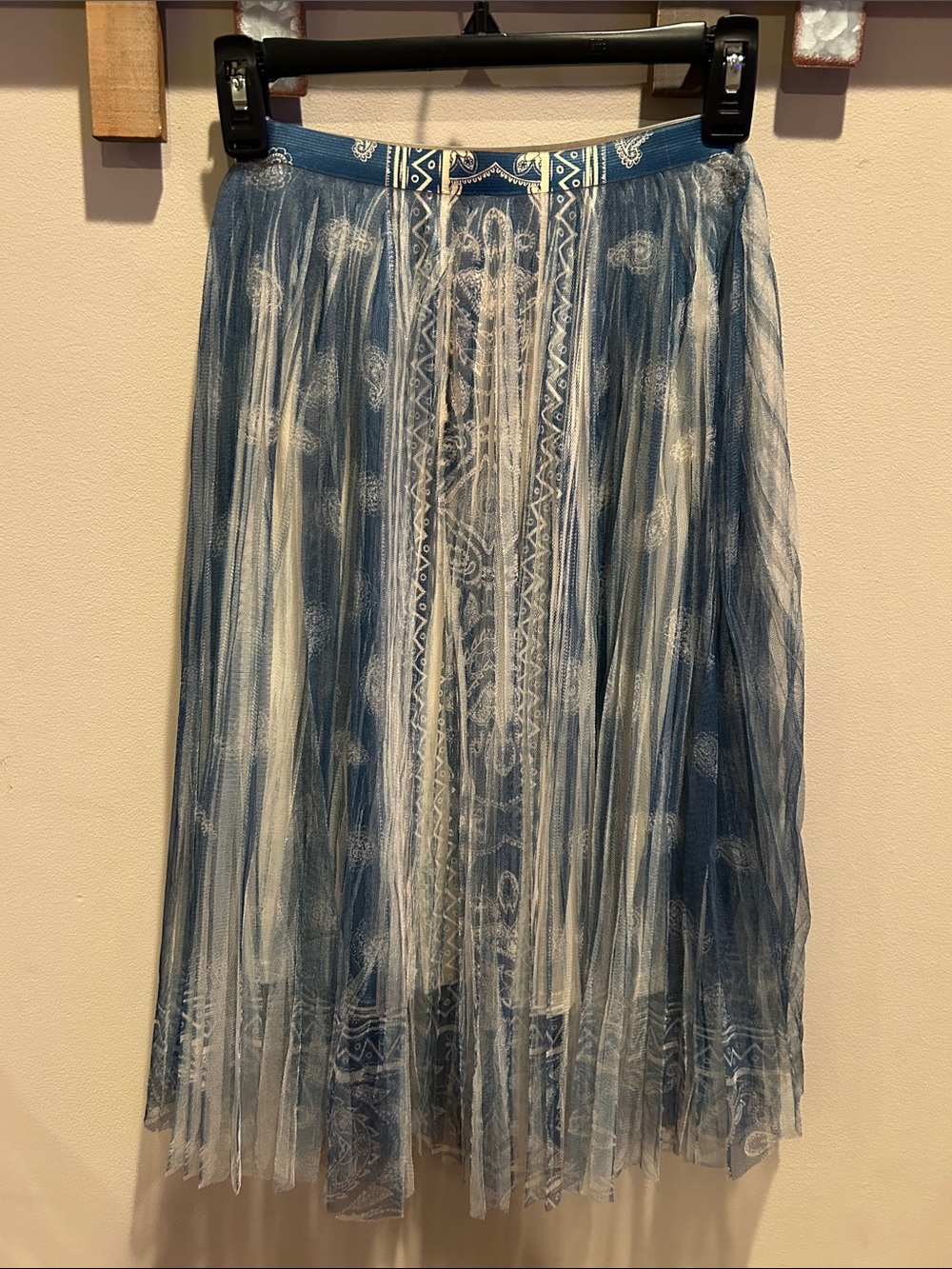 Origami Blue Printed Pleated Midi Skirt with Sheer Overlay